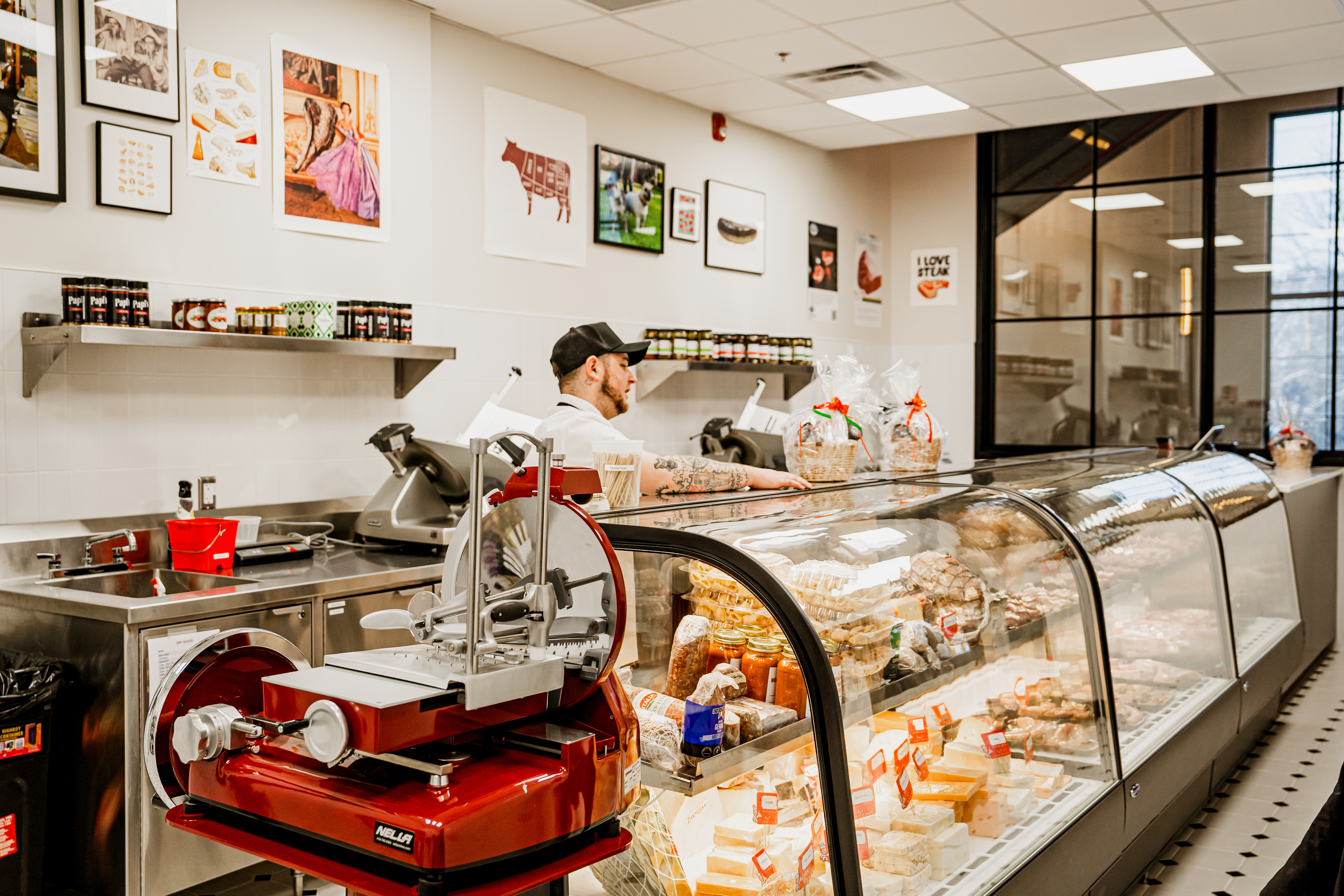 Cheese behind the glass counter